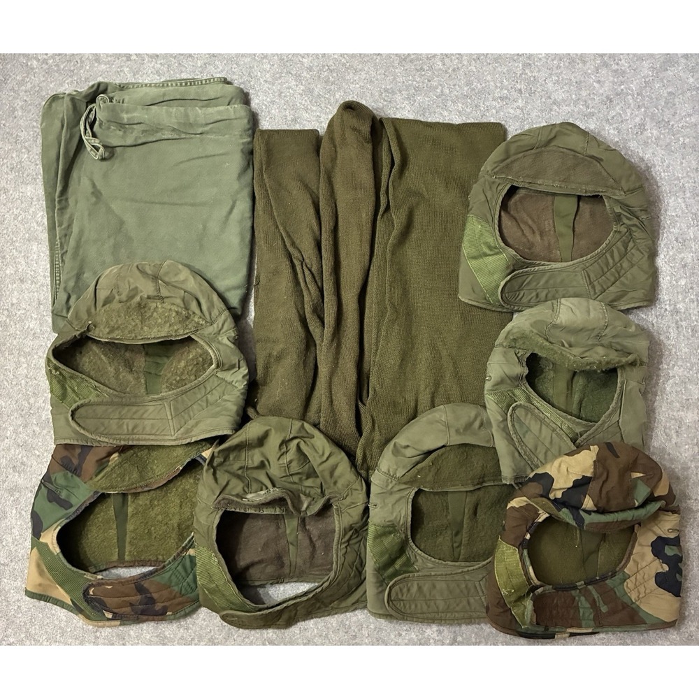 USGI Military Clothing Lot Helmet Liner Cold Weather Caps Scarves Laundry Sack